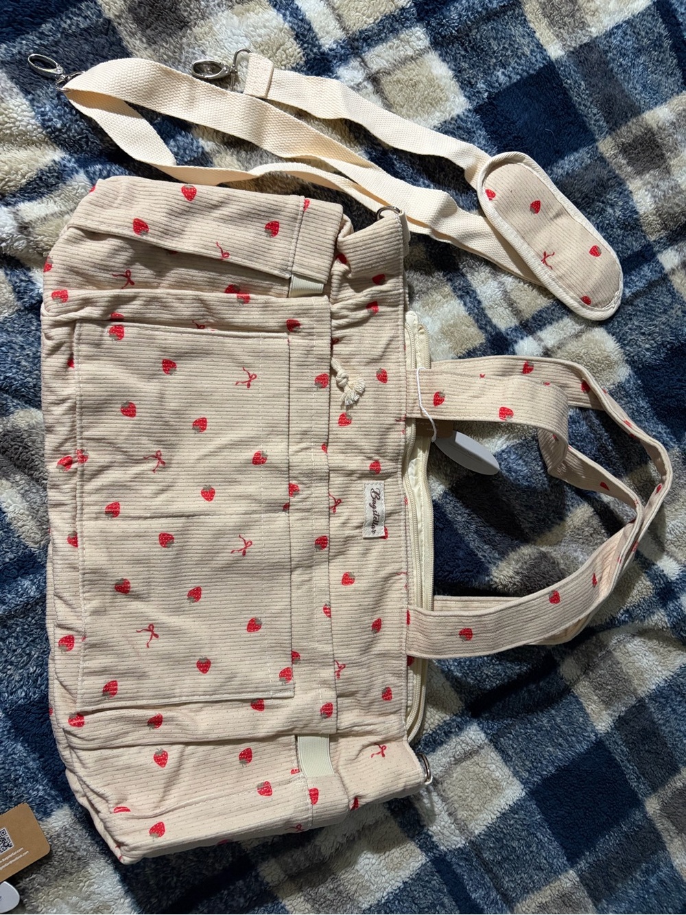 Beige Tote Bag with Red Strawberry Print - Women's Shoulder Bag